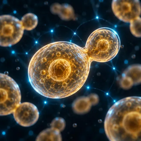 Células vivas de Saccharomyces cerevisiae em brotamento